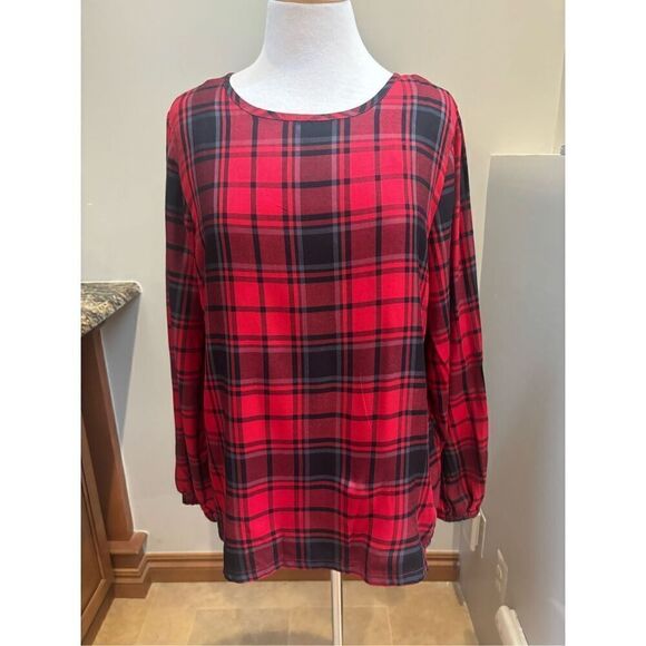 Workshop L NWT Red Tarleton plaid gathered sleeve blouse - rayon - Picture 1 of 5